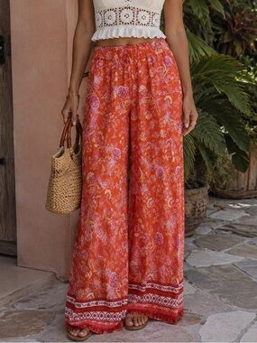 Wide-Leg Paisley Print Pants in Orange